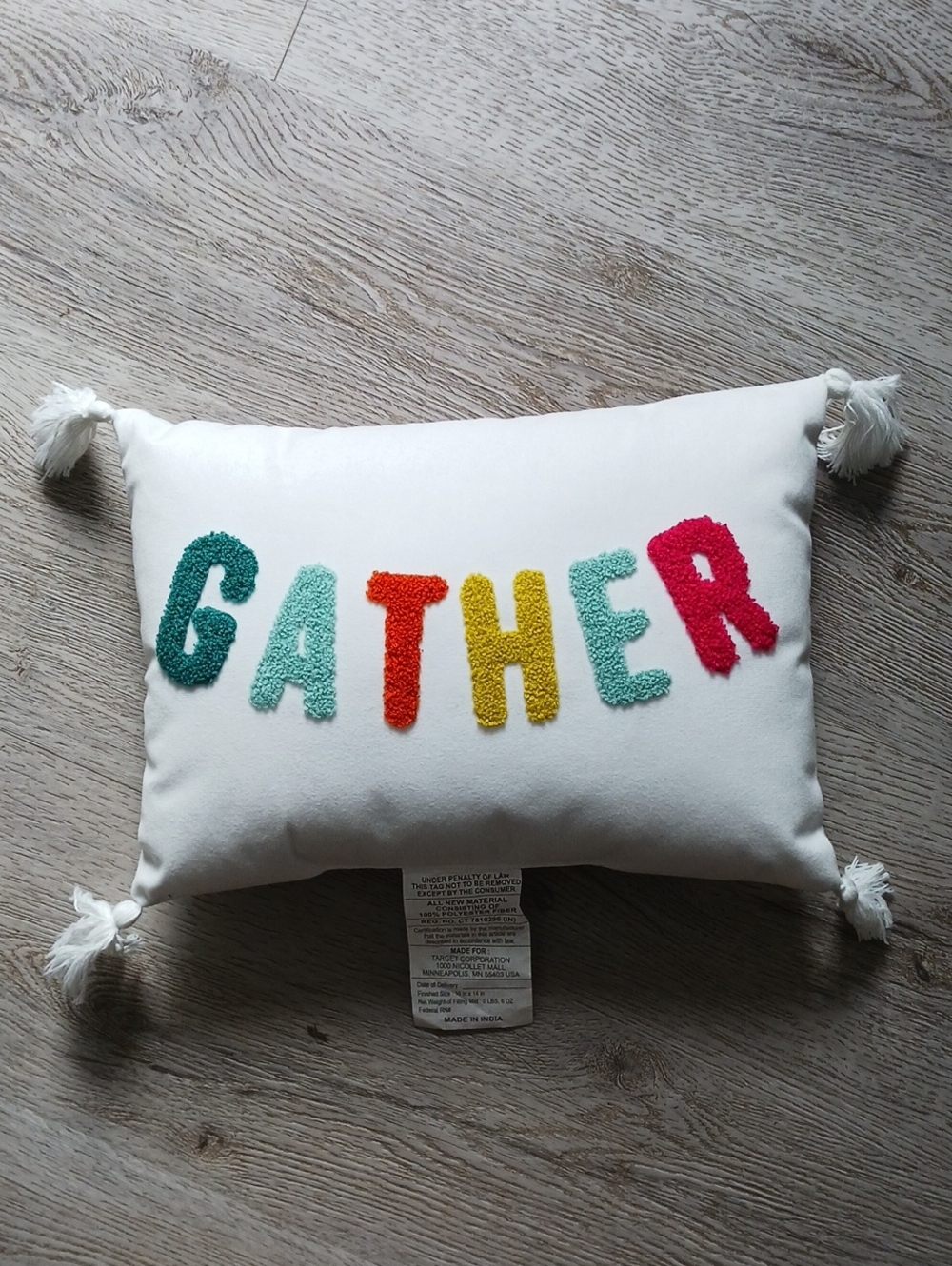 Target White Pillow with Multicolor Tufted 'GATHER' Letters